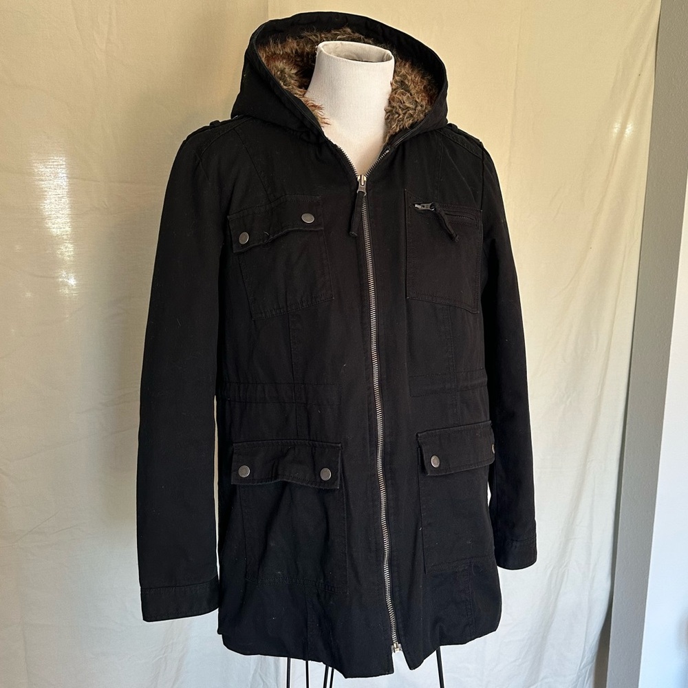 Ruff Hewn Black Hooded Utility Parka brown Faux Fur Lining winter coat large